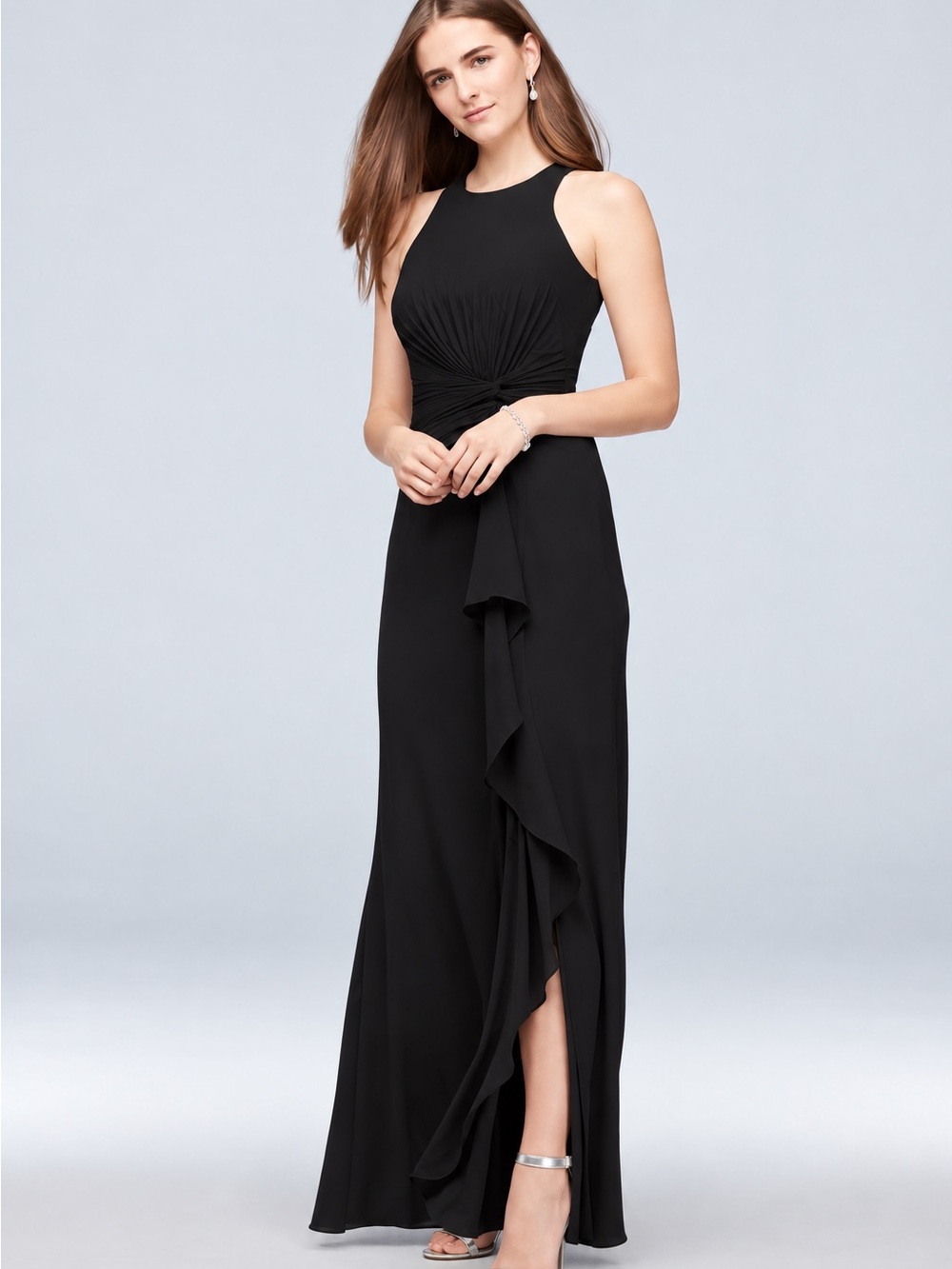 David’s Bridal Black Evening Gown Size 16 High Neck Pleated Twist Formal Gown